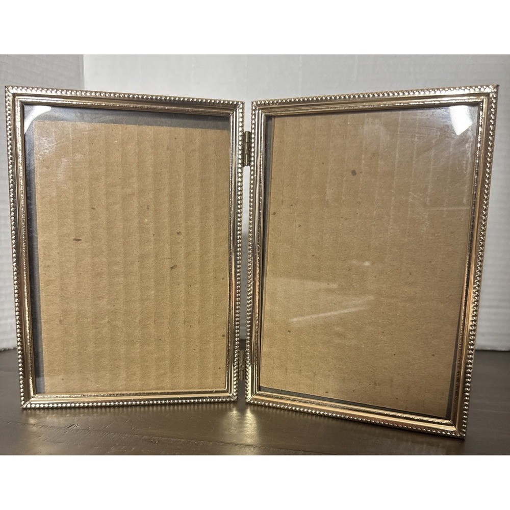 VTG MCM Double Hinged Bi-fold Brass Gold Tone Metal Photo Picture Frame 5x7